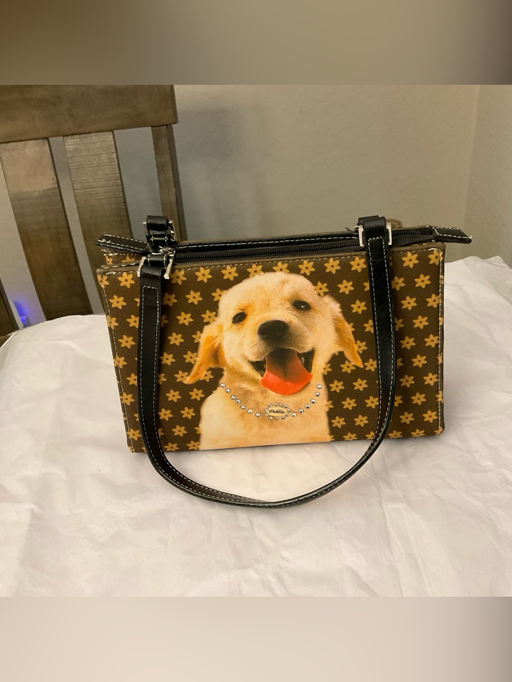 Golden Retriever Vintage Style Brown Shoulder/Handbag zip with rhinestone